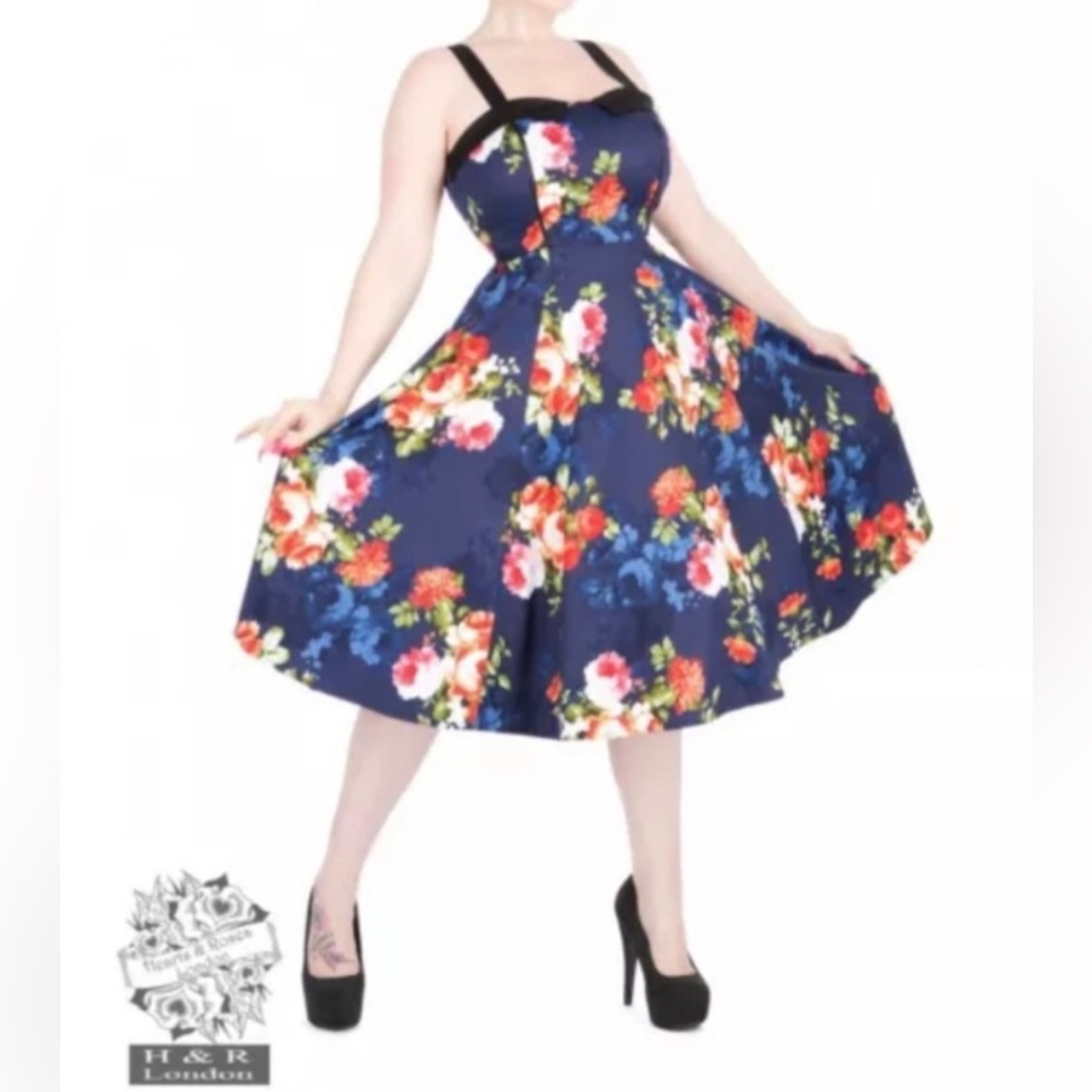 Hearts & Roses Floral Pinup Dress Size 14 Navy Red Sleeveless Retro
